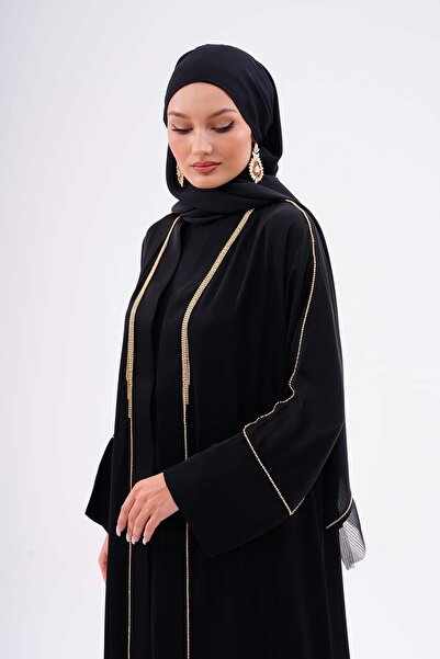 GÜLSEMALİ Kumaş Dubai İpeği Lüks Abaya Gold Çift Swaroski Kaliteli Tesettür D...