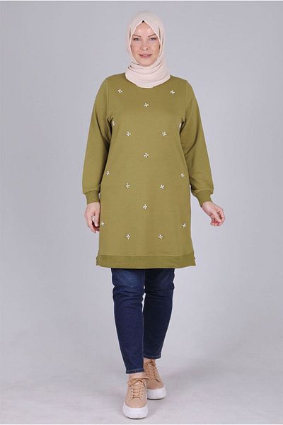 Moda Rosa 25K2041 - Oil Green - Plus Size Hijab Pearl Detailed Tunic