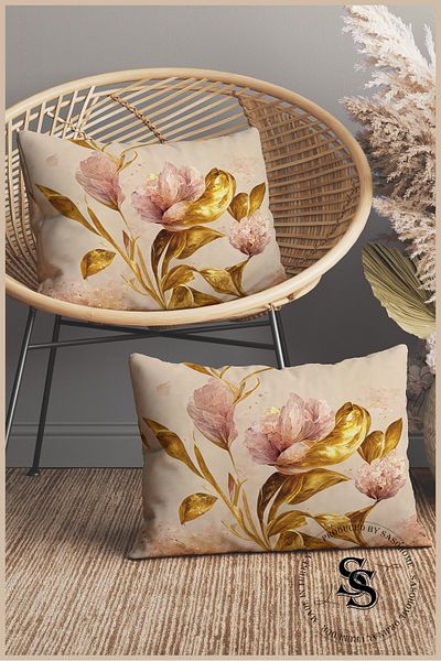 SasoHome Cream Floor Gold Leaves Patterned 2-Piece Rectangular Throw Pillow Cover