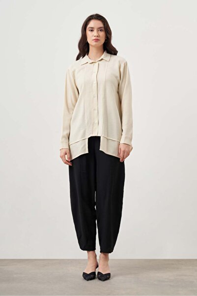 Mizalle Keten Dokulu Katlı Bej Tunik