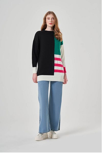 Mizalle Side Striped Knitwear Ecru Tunic