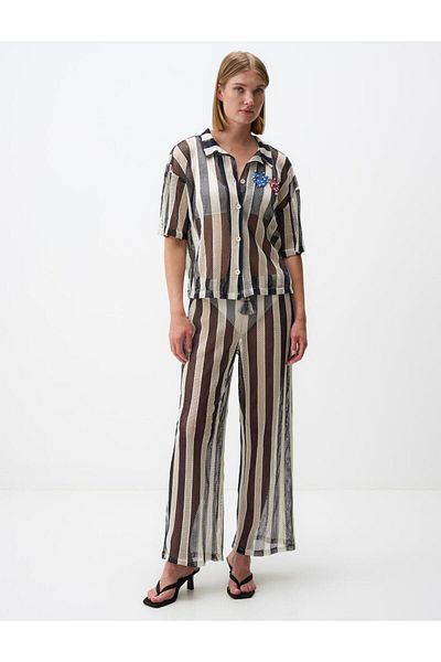 Jimmy Key High Waist Dark Blue Striped Openwork Trousers