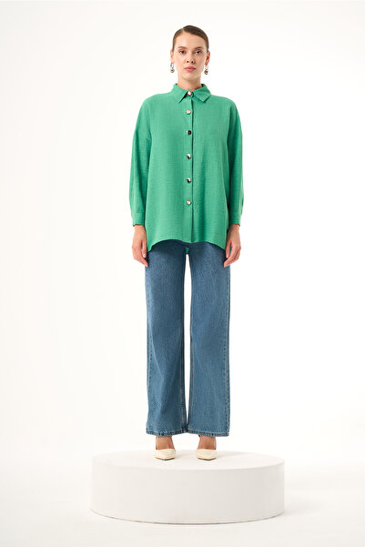 Mizalle Keten Dokulu Over Yeşil Tunik