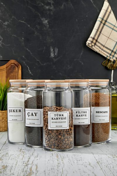 FBZhome 5-Piece Wooden Vacuum Lid 1300 ml Labeled Tea Sugar Coffee Glass Storage Container Jar