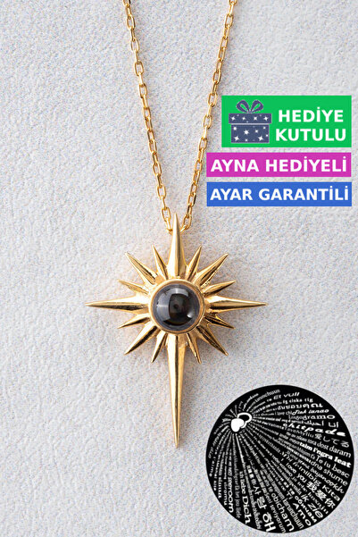 Jewelmim Yüz 100 Dilde Seni Seviyorum Yazan 18 Ayar Sarı Altın Kaplama 925 Ayar Kadın Gümüş Kutup Kolyesi