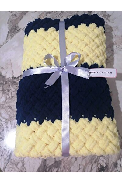 MERUT STYLE HAYATINI RENKLENDİR El Örgüsü Alize Puffy Bebek Battaniyesi Sarı Lacivert Hasır Desen