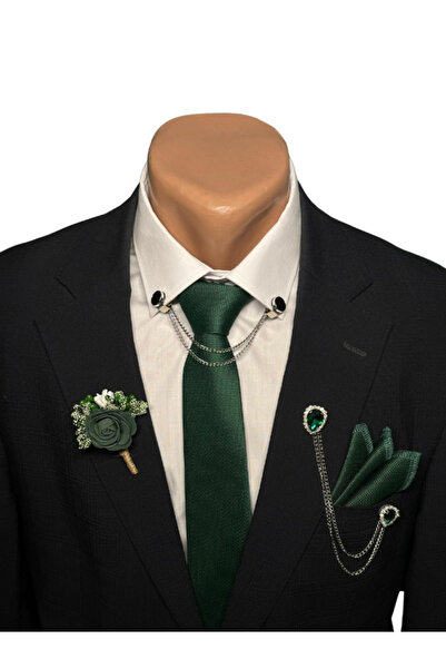 HARES Groom's Tie Set - Handkerchief, Jacket Collar Chain and Flower Detail, Clip-on Shirt Collar