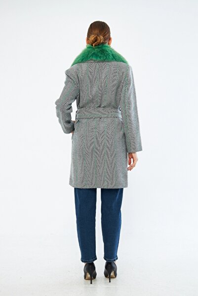 Mizalle Çizgili Kürk Detaylı Yeşil Kaban