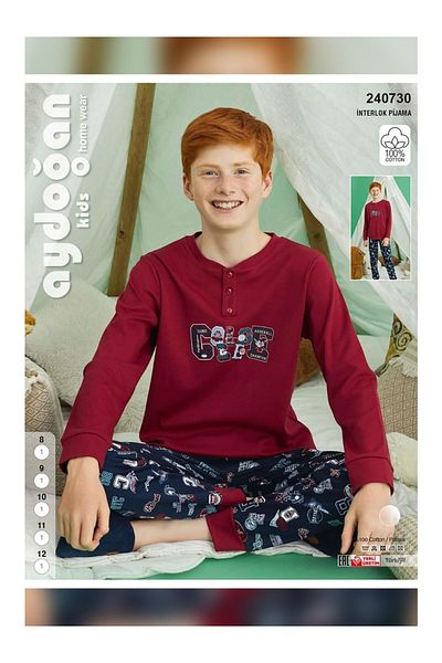 Aydoğan Boy's Long Sleeve Buttoned 100% Cotton Burgundy Navy Blue Color 8-12 Years Old Pajamas Set 240730