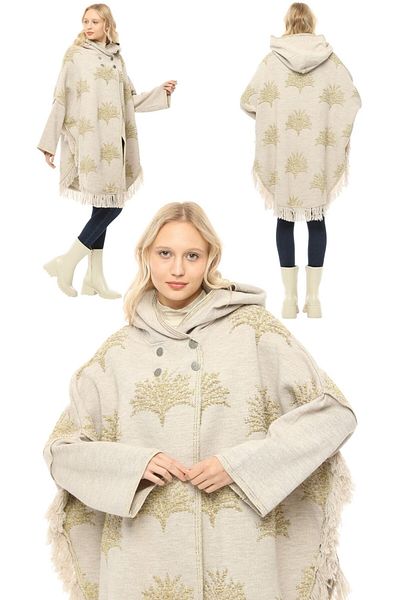 marufshop Women's Large Size Tassel Detailed Hooded Winter Thick Plane Patterned Poncho
