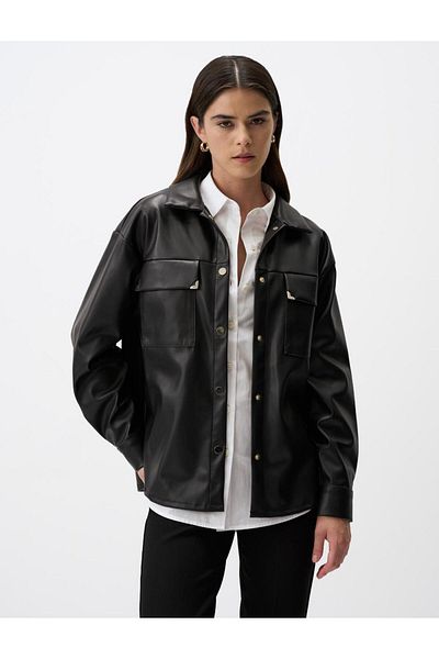Jimmy Key Black Long Sleeve Leather Shirt Jacket with Pocket Detail