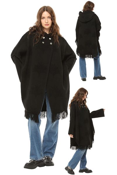 marufshop Women's Large Size Tassel Detailed Hooded Winter Thick Plane Patterned Poncho