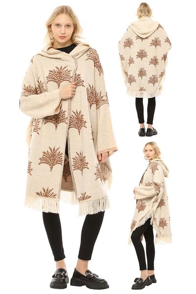 marufshop Women's Large Size Tassel Detailed Hooded Winter Thick Plane Patterned Poncho