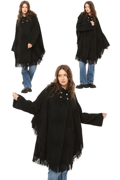 marufshop Women's Large Size Tassel Detailed Hooded Winter Thick Plane Patterned Poncho