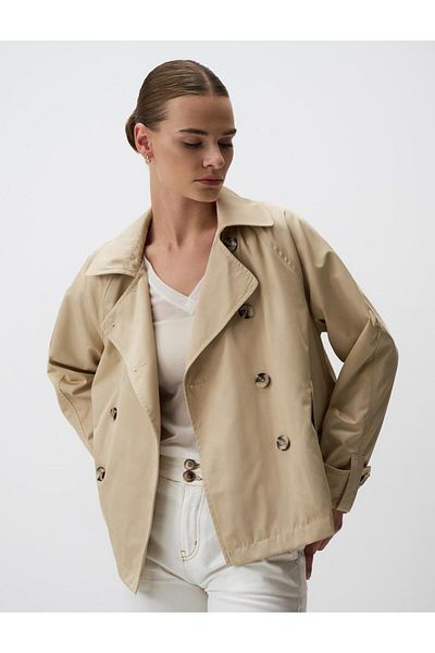 Jimmy Key Beige Jacket Collar Short Trench Coat