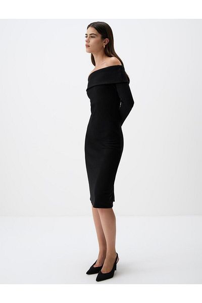 Jimmy Key Black Off-The-Shoulder Long Sleeve Knitted Midi Dress