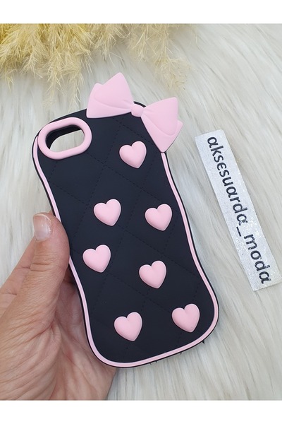 Aksesuarda Moda iPhone 6 - 6S Uyumlu FİYONK VE KALP DETAYLI HAMUR SİLİKON KILIF