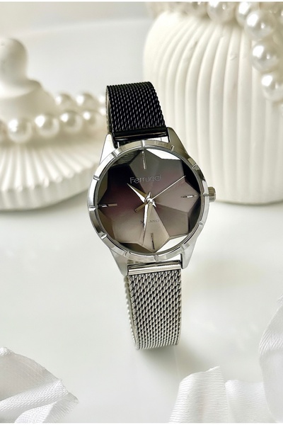 Ferrucci FERRUCCİ-(GÜMÜŞ&SİYAH) Hasır kordon kadın kol saati Milano serisi-