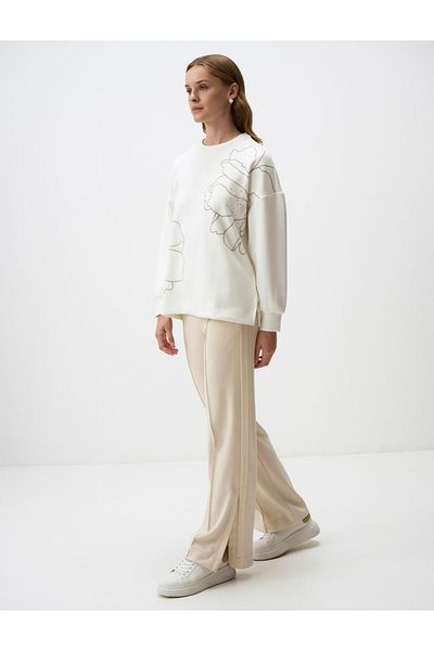 Jimmy Key Beige High Waist Wide Leg Slit Comfortable Trousers