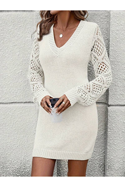 JANES Rochie de damă, cu mânecă lungă, cu decolteu în V, mini tricot