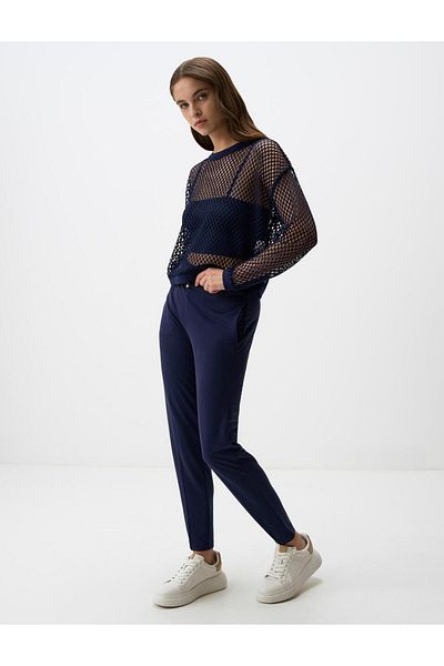 Jimmy Key Navy Blue Straight Cut Regular Leg High Waist Knitted Pants