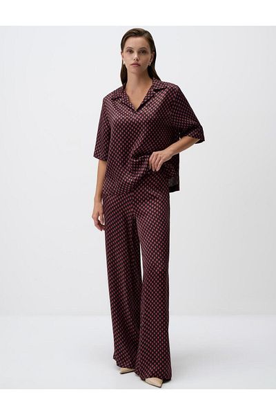 Jimmy Key Burgundy Relaxed Fit Wide Leg Patterned Trousers