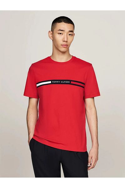 Tommy Hilfiger Men's Red T-Shirt with Crew Neck - Stripe Detail, Short Sleeve, Xlg Mw0Mw36498