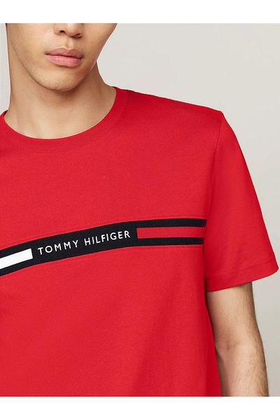 Tommy Hilfiger Men's Red T-Shirt with Crew Neck - Stripe Detail, Short Sleeve, Xlg Mw0Mw36498