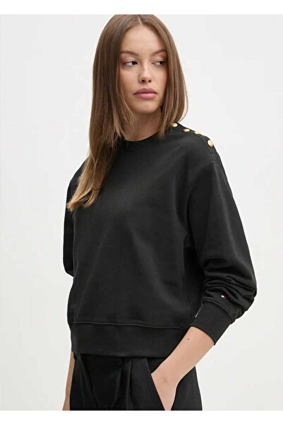 Tommy Hilfiger Kadın Omzu Düğme Detaylı Pamuklu Bisiklet Yaka Çizgili Uzun Ko...