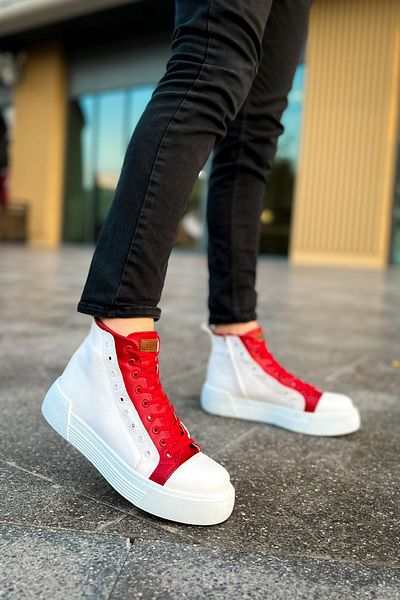 Joy Man Cizme sport pentru bărbați J167 Blazer - piele casual, talpă ortopedică, cu șireturi și fermoar, alb/roșu CBT