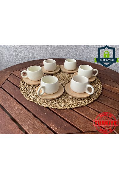 SeM Porselen Luxury Chubby Model White Coffee Cup for 6 People with 12 Pieces Wooden Plates
