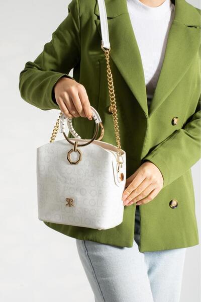 ImPolo حقيبة صوفيا مطبوعة باللون الأبيض - ثلاث عيون، مقبض للكتف واليد، مقاس 2...