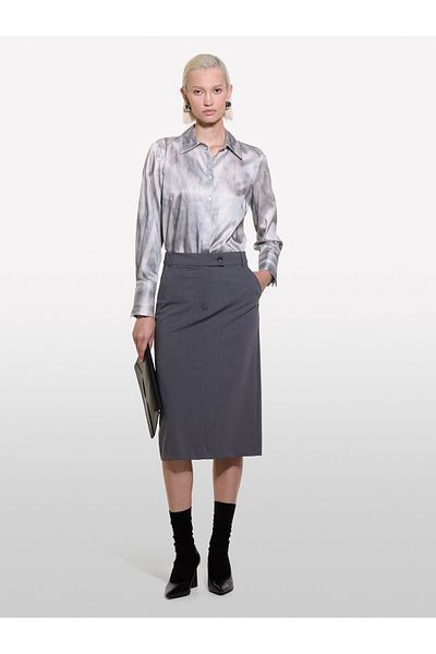 Sisley Women's Dark Gray Wool Blended Midi Skirt with Slit Back