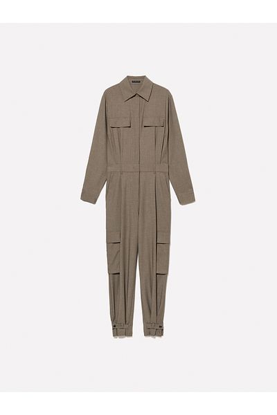 Sisley Women's Khaki Viscous Blended Cap Pocket Detail Pointed Collar Long Jumpsuit