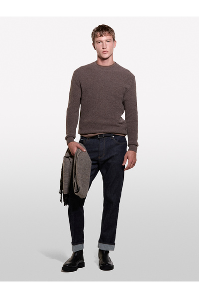 Sisley Ανδρικό πουλόβερ με λαιμόκοψη από μείγμα μάλλινου καφέ χρώματος