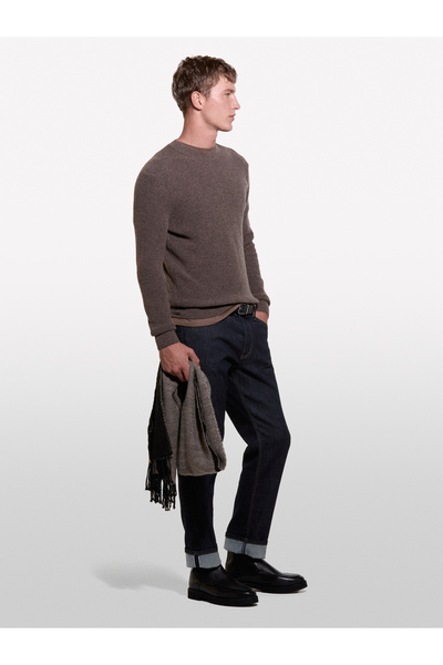 Sisley Ανδρικό πουλόβερ με λαιμόκοψη από μείγμα μάλλινου καφέ χρώματος