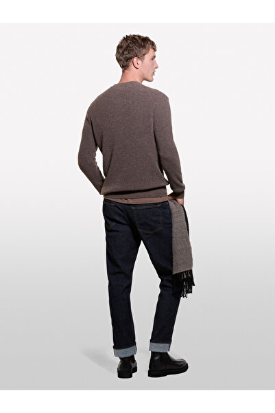 Sisley Ανδρικό πουλόβερ με λαιμόκοψη από μείγμα μάλλινου καφέ χρώματος