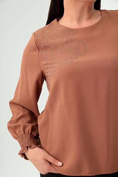 SERTUĞ Trend42Plus Plus Size Sleeve Gimped Camel Blouse