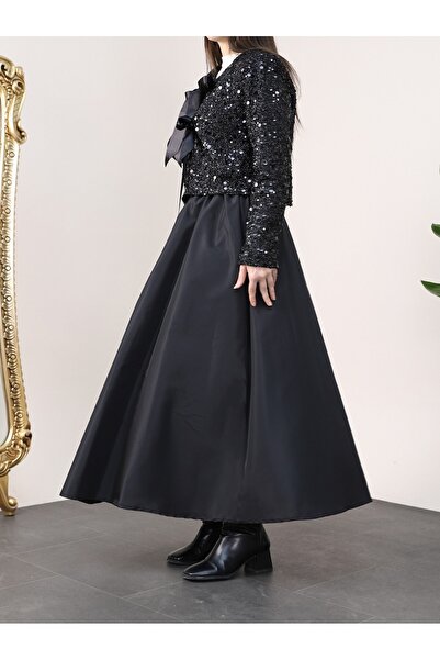 Modamorfo Sequin Jacket Taffeta Suit -Black