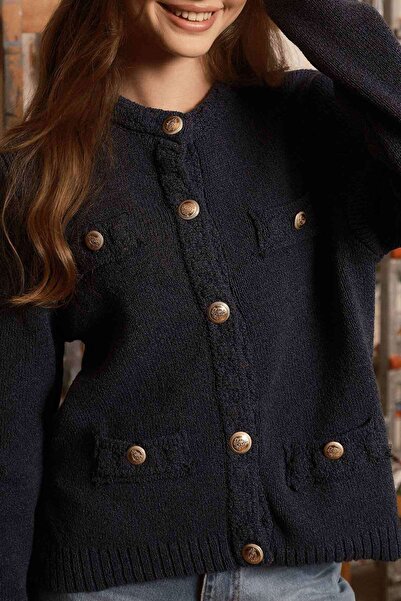 Hooopstore Boucle Textured Navy Blue Cardigan