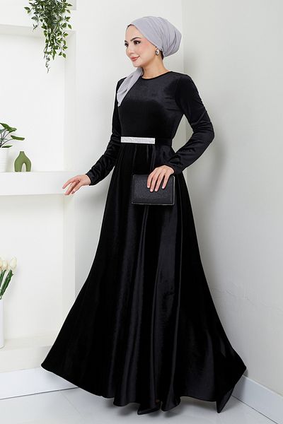ModaMerve Velvet Black Evening Dress with Stone Belt Detail, 2013Efy931-M