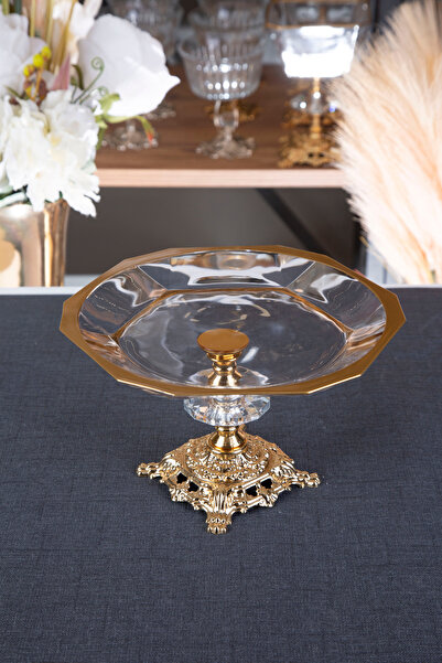 ARGKRİSTAL Pasabahçe Gold Detailed Metal Legs Hex Plate Small Size