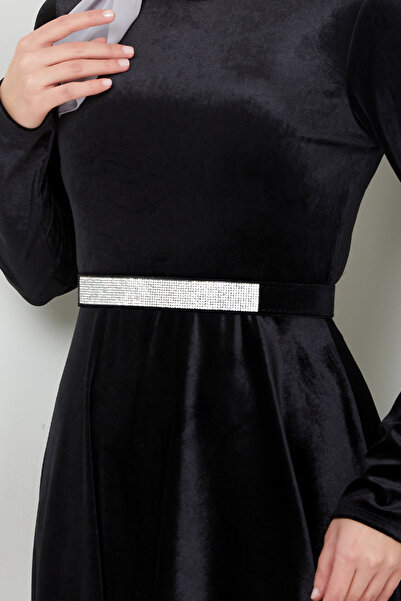 ModaMerve Velvet Black Evening Dress with Stone Belt Detail, 2013Efy931-M