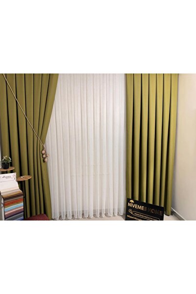 NİVEMESHOME ROMA LINEN 1/3 ПЛЪТНО ПЛИСИРАНА ЗАВЕСА С ЗЕЛЕН ФОН APM