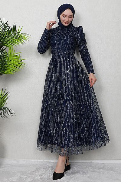GİZ AGİYİM Βραδινό φόρεμα με μπλέ Navy Elisa Hijab