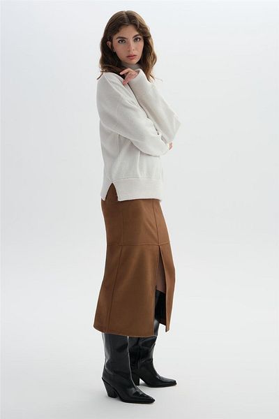 SHERIN Καφέ Faux Suede Midi Φούστα
