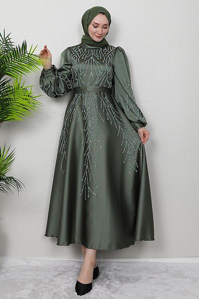 GİYZAMİLA Khaki Evening Dress - Buğlem Stone Detail