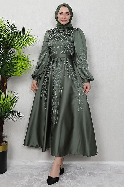GİYZAMİLA Khaki Evening Dress - Buğlem Stone Detail