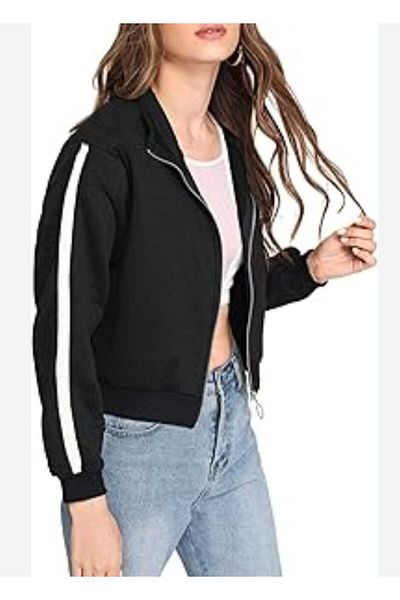 NEVEGE BUTİK Women's Black Sweat Jacket - Stripe and Zip Sleeve Design
