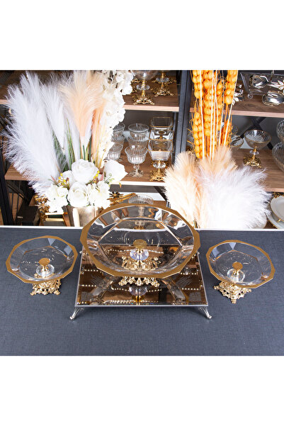 ARGKRİSTAL Pasabahçe Gold Detailed Metal Legs 3-Piece Six Plate